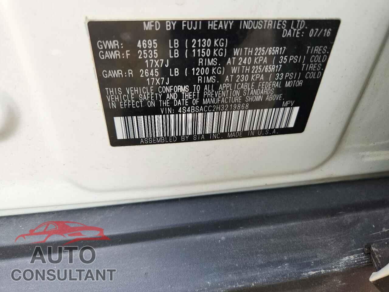 SUBARU OUTBACK 2017 - 4S4BSACC2H3219868