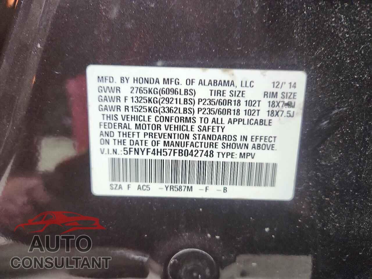 HONDA PILOT 2015 - 5FNYF4H57FB042748