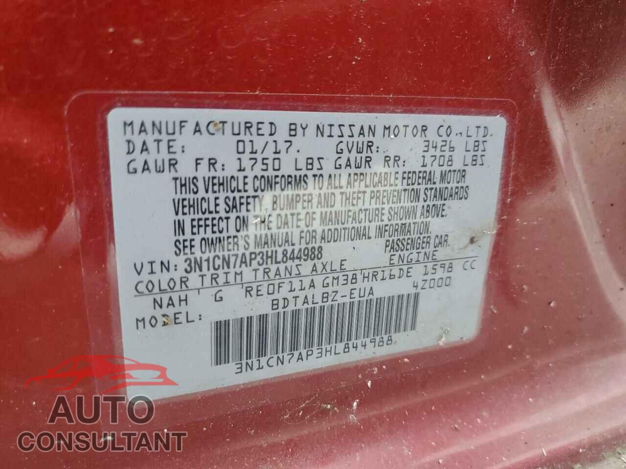 NISSAN VERSA 2017 - 3N1CN7AP3HL844988