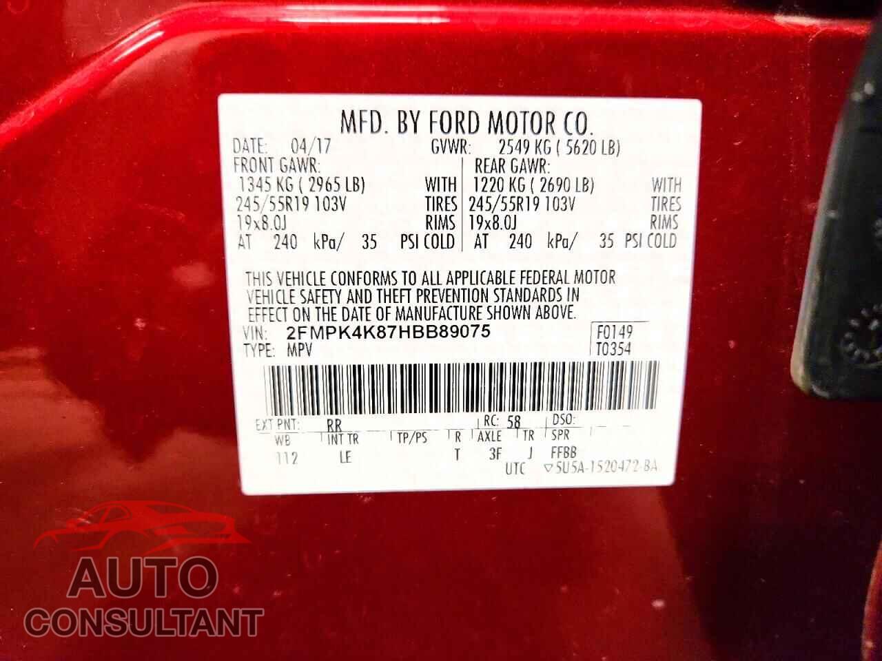 FORD EDGE 2017 - 2FMPK4K87HBB89075