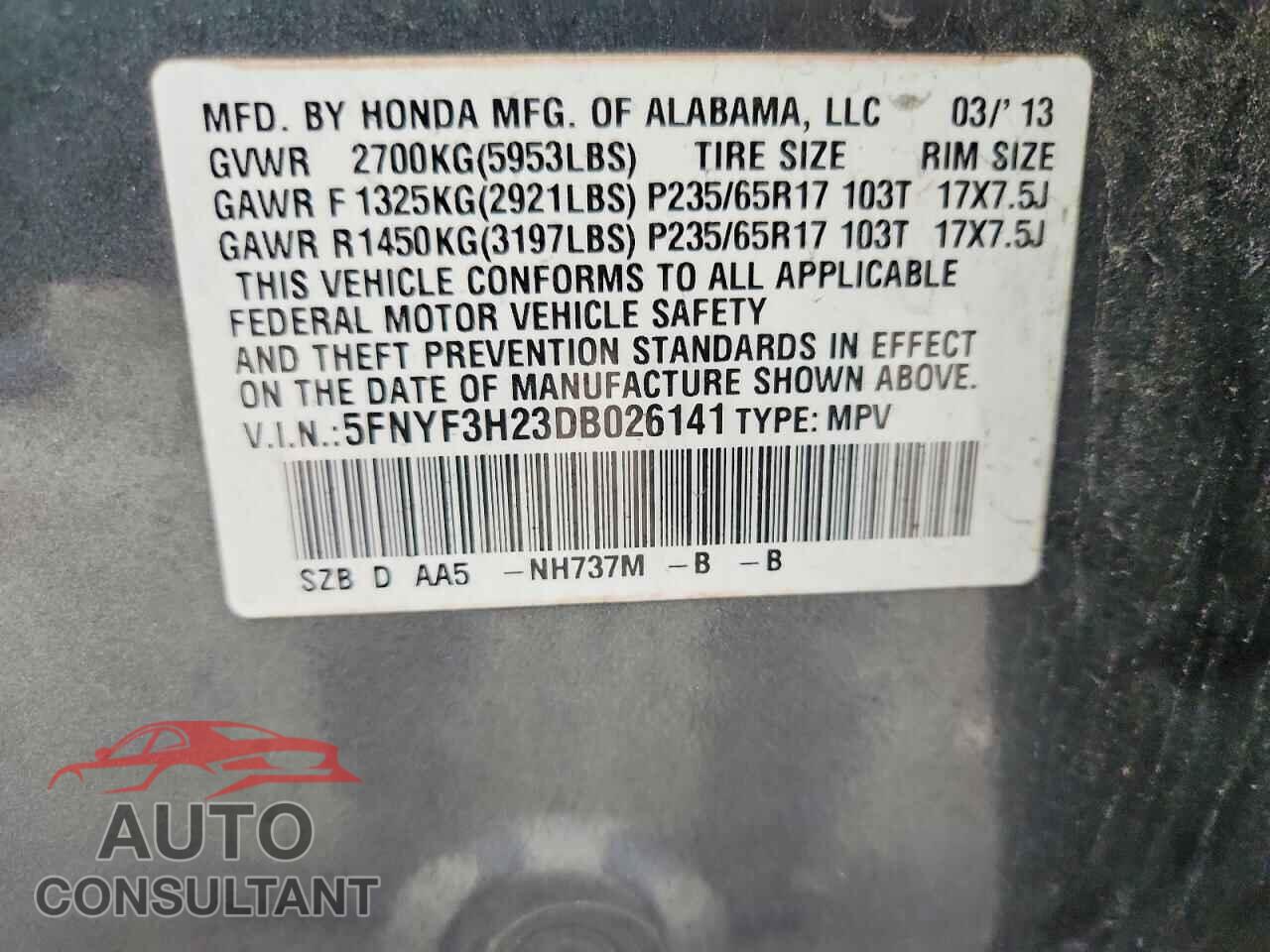 HONDA PILOT 2013 - 5FNYF3H23DB026141