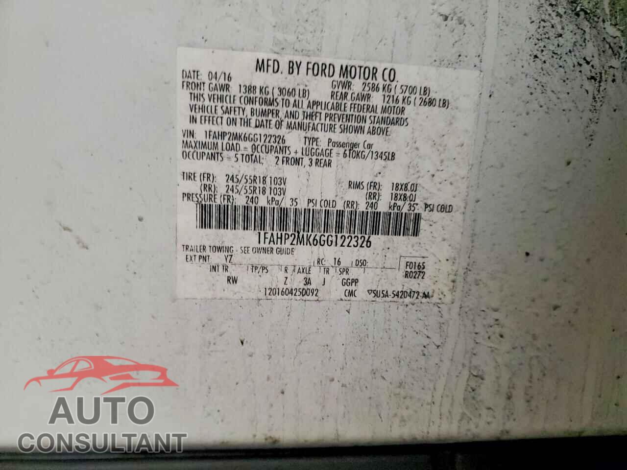 FORD TAURUS 2016 - 1FAHP2MK6GG122326