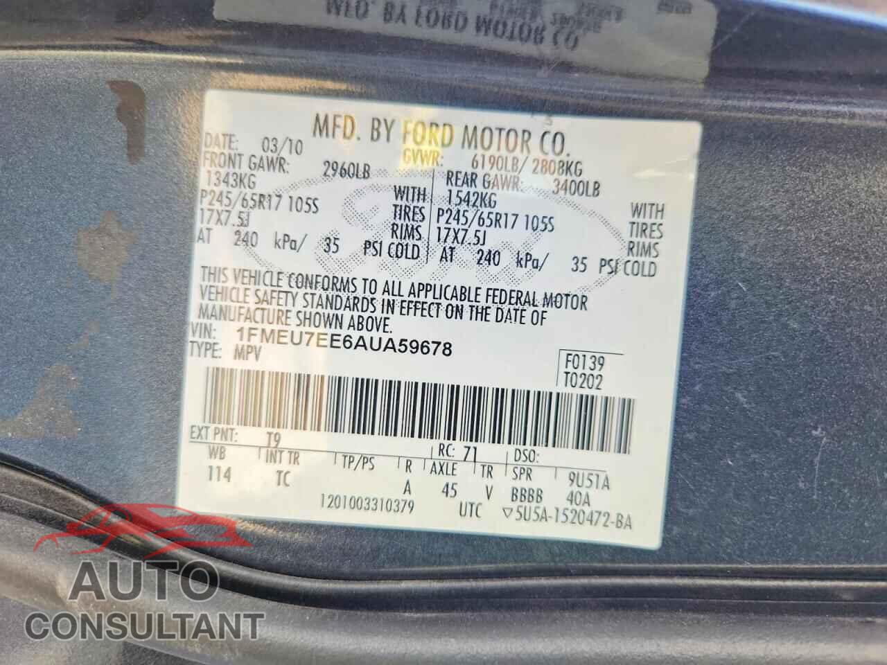 FORD EXPLORER 2010 - 1FMEU7EE6AUA59678