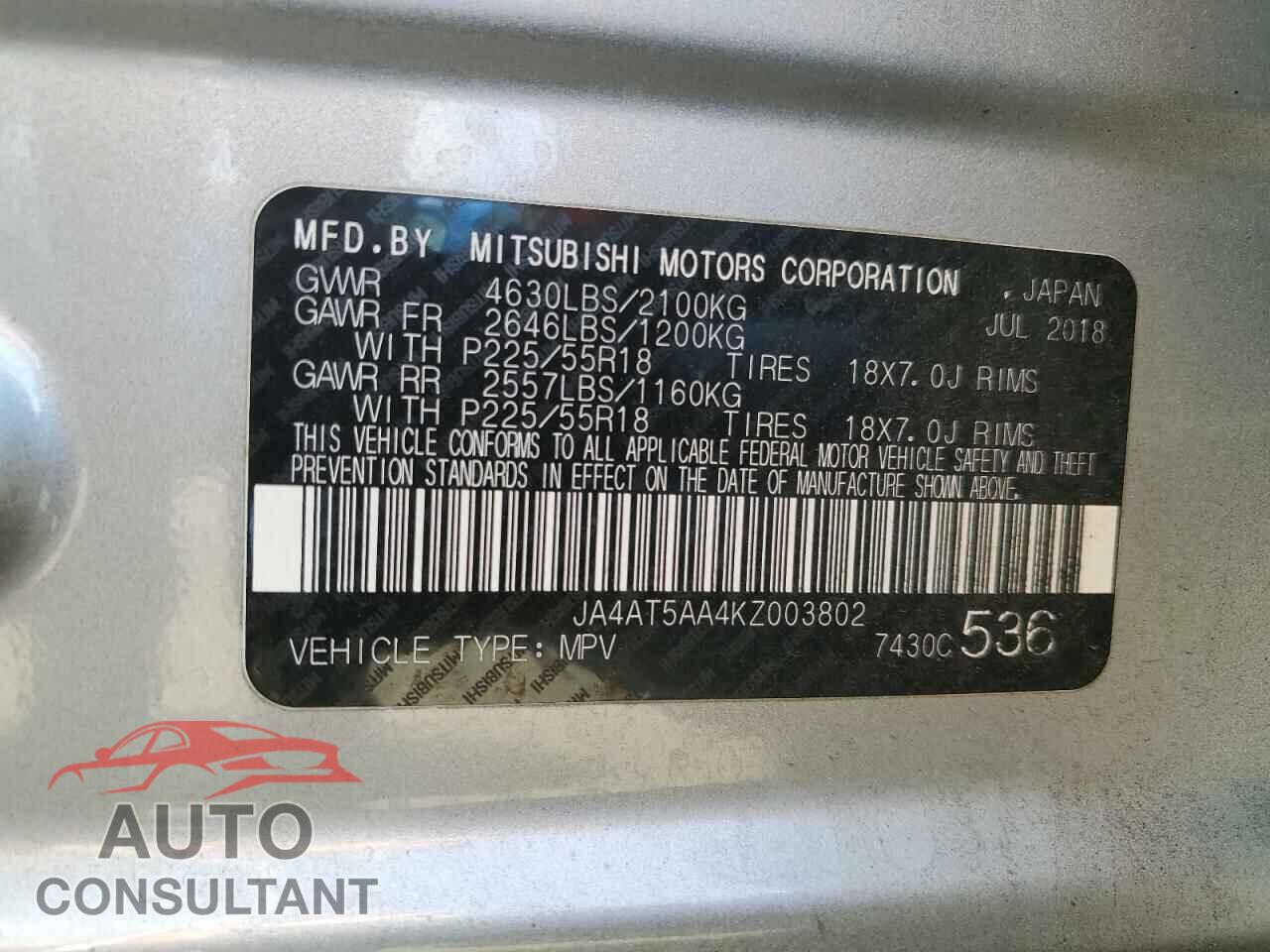 MITSUBISHI ECLIPSE 2019 - JA4AT5AA4KZ003802