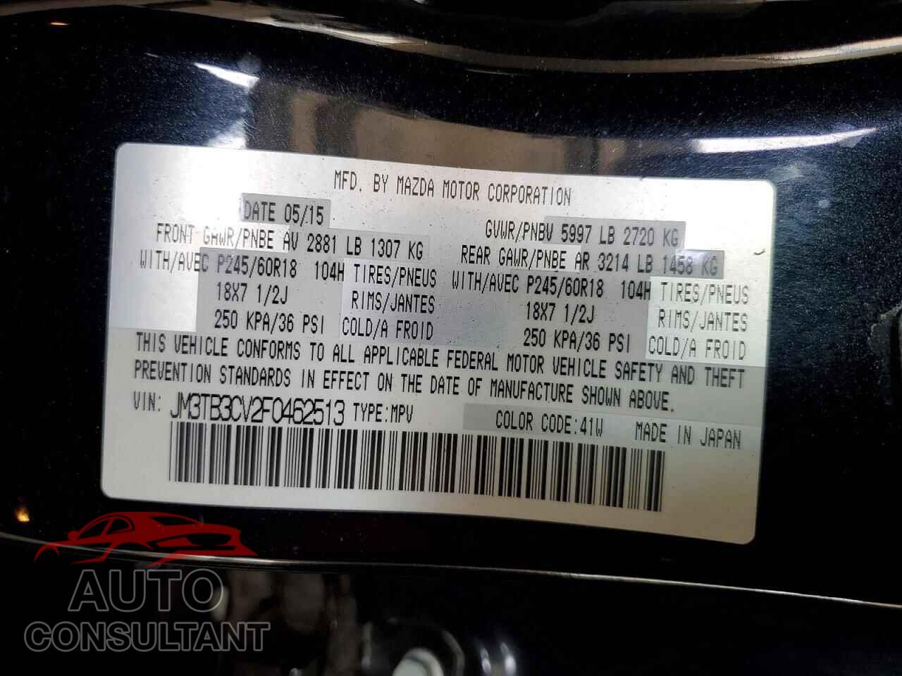 MAZDA CX-9 2015 - JM3TB3CV2F0462513