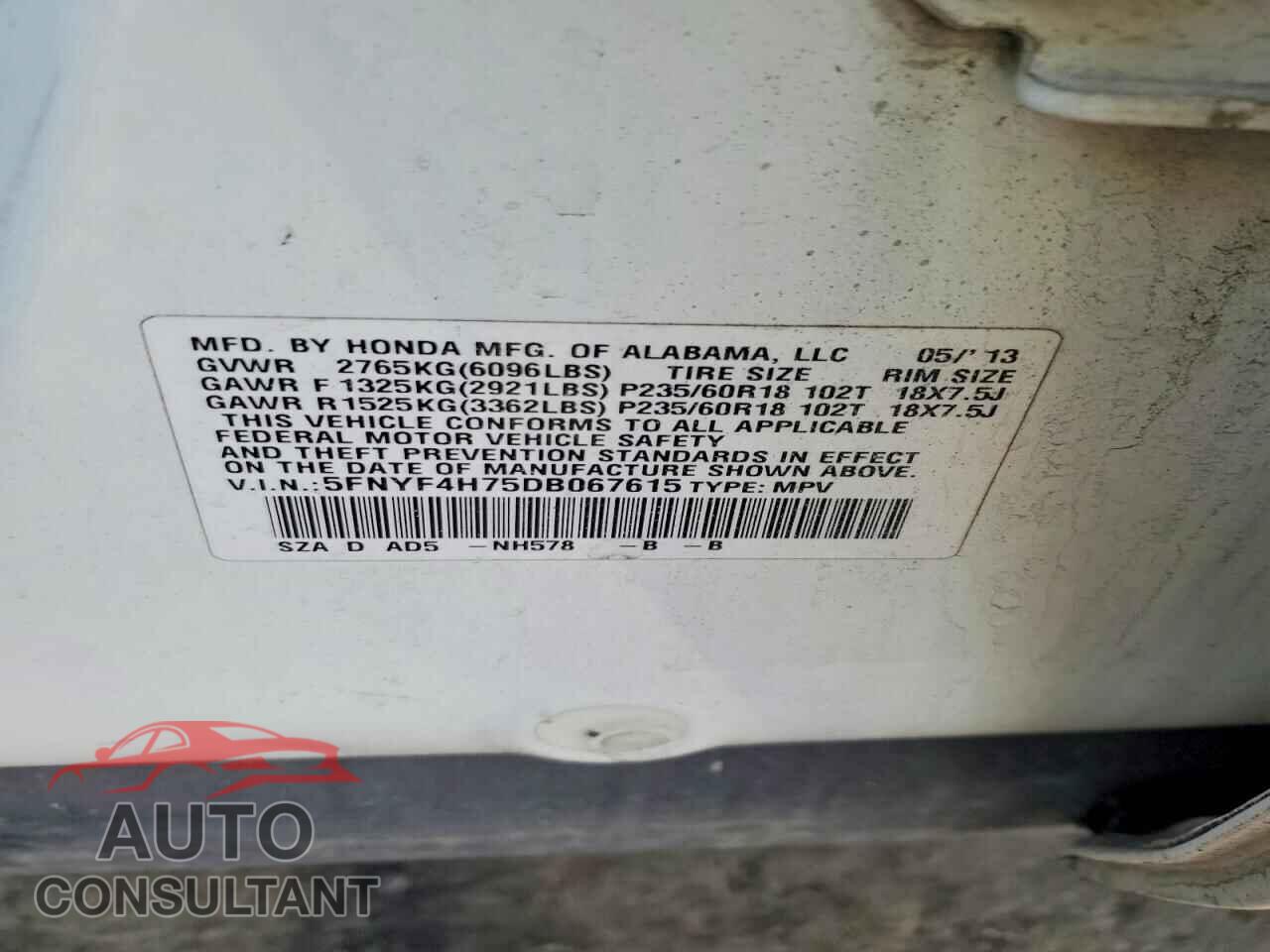 HONDA PILOT 2013 - 5FNYF4H75DB067615