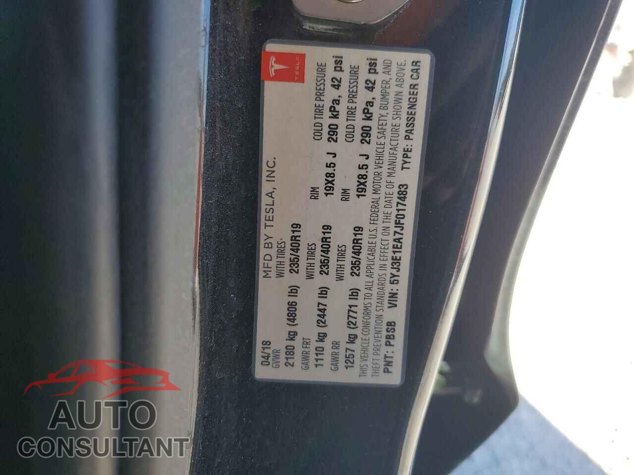 TESLA MODEL 3 2018 - 5YJ3E1EA7JF017483