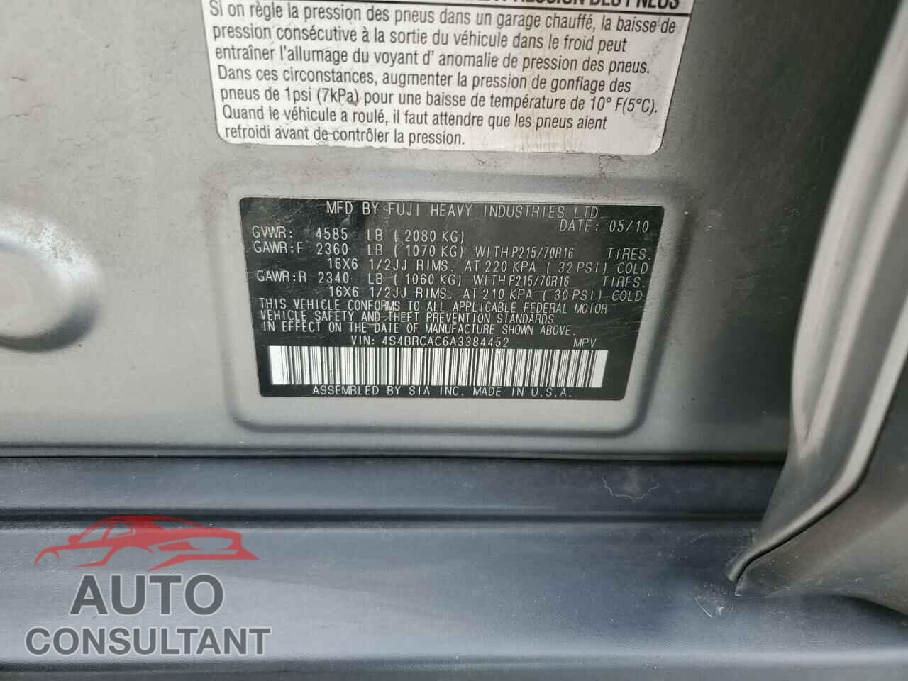 SUBARU OUTBACK 2010 - 4S4BRCAC6A3384452
