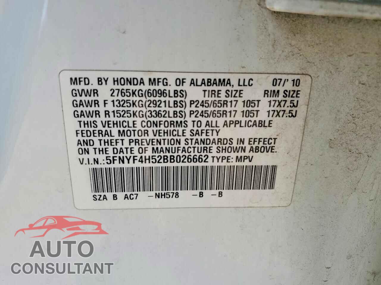 HONDA PILOT 2011 - 5FNYF4H52BB026662