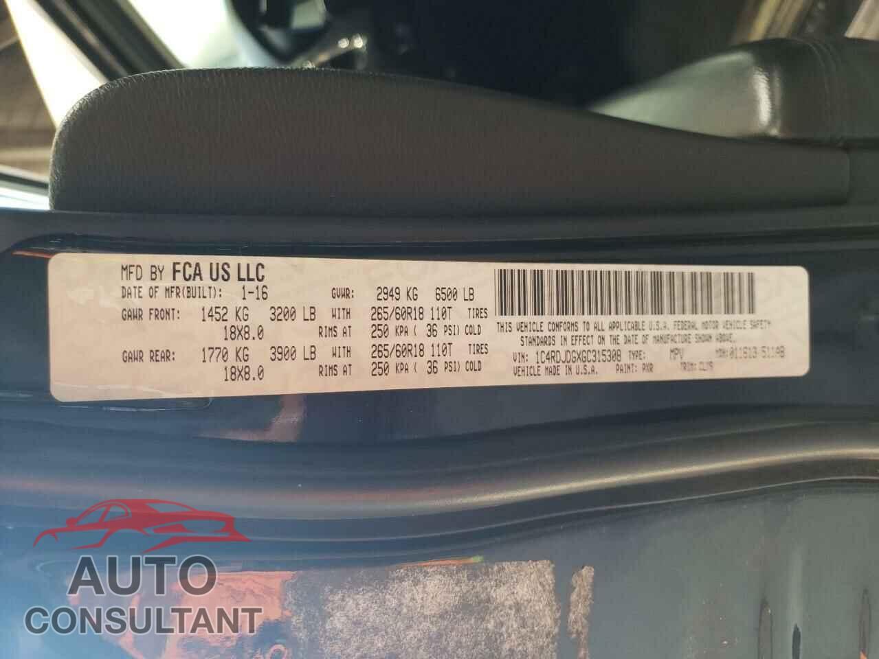 DODGE DURANGO 2016 - 1C4RDJDGXGC315308