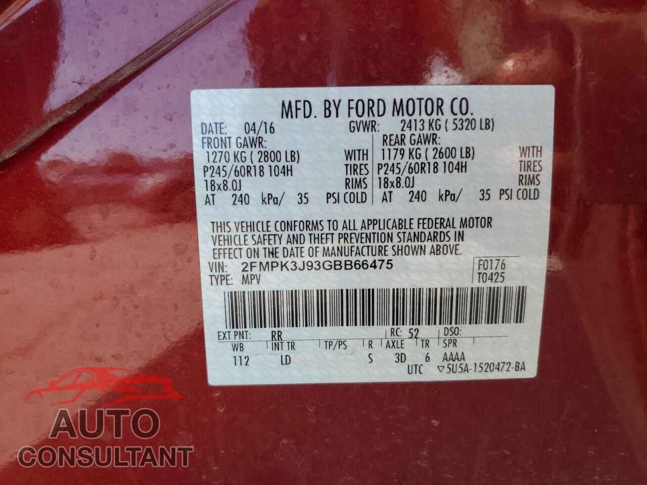 FORD EDGE 2016 - 2FMPK3J93GBB66475