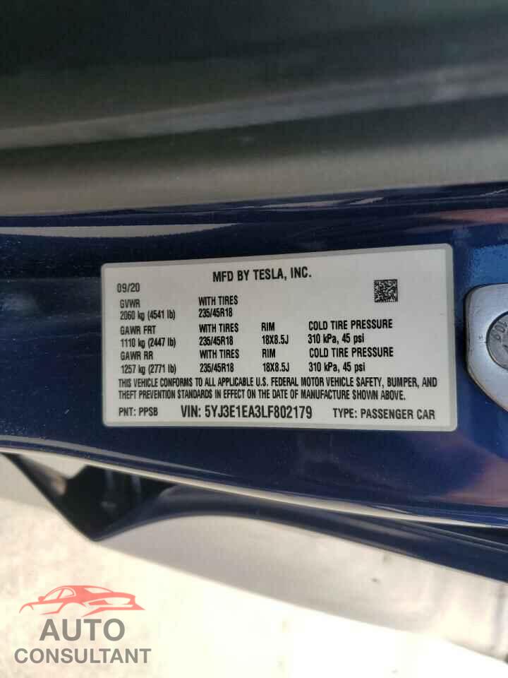 TESLA MODEL 3 2020 - 5YJ3E1EA3LF802179