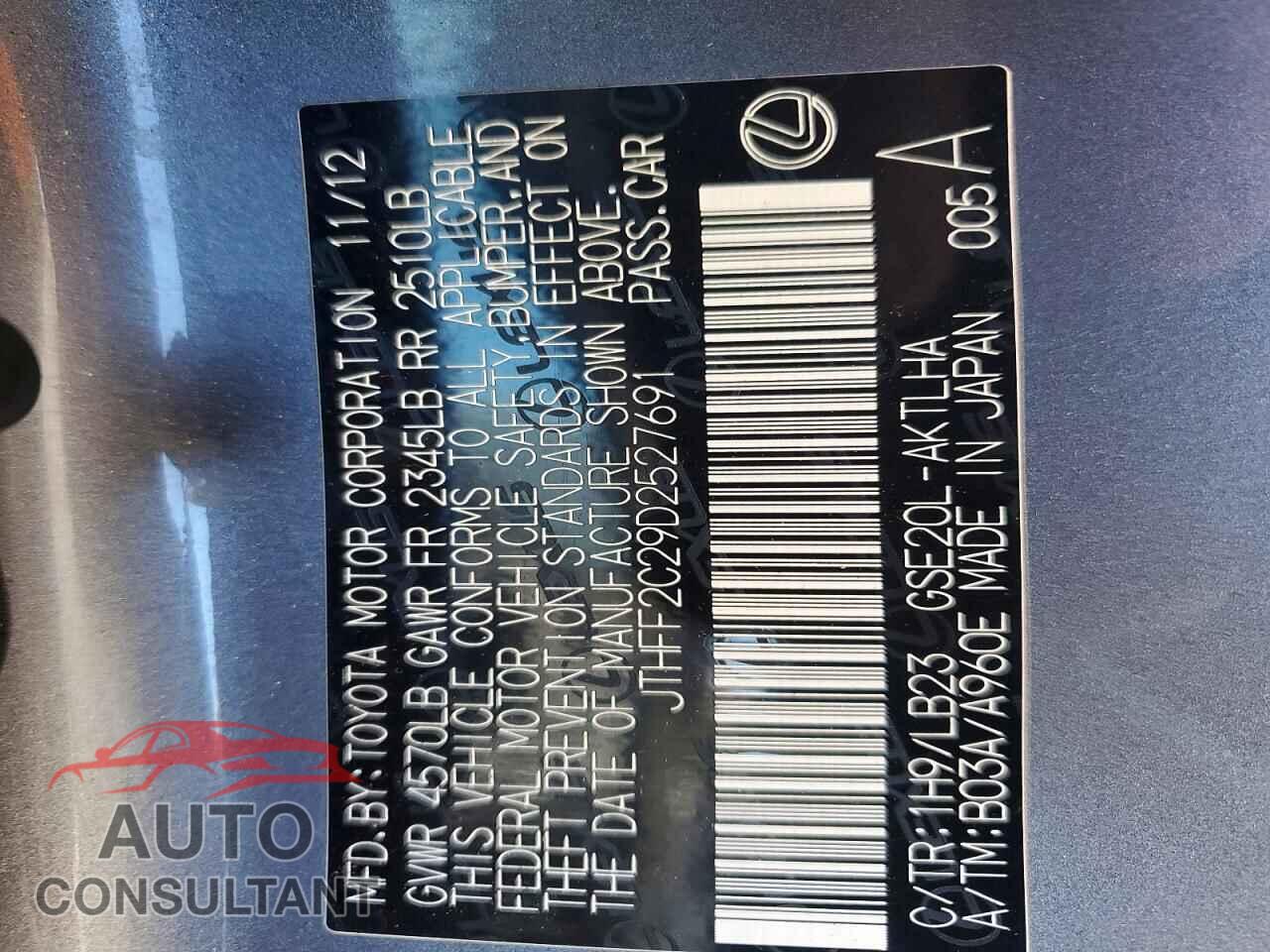 LEXUS IS 2013 - JTHFF2C29D2527691