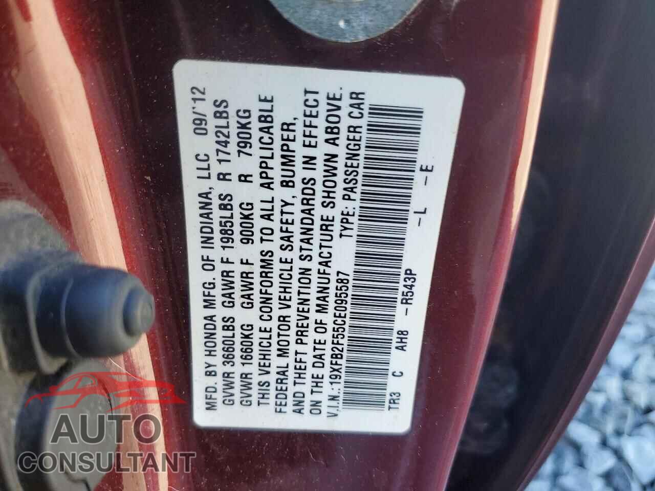 HONDA CIVIC 2012 - 19XFB2F55CE095587