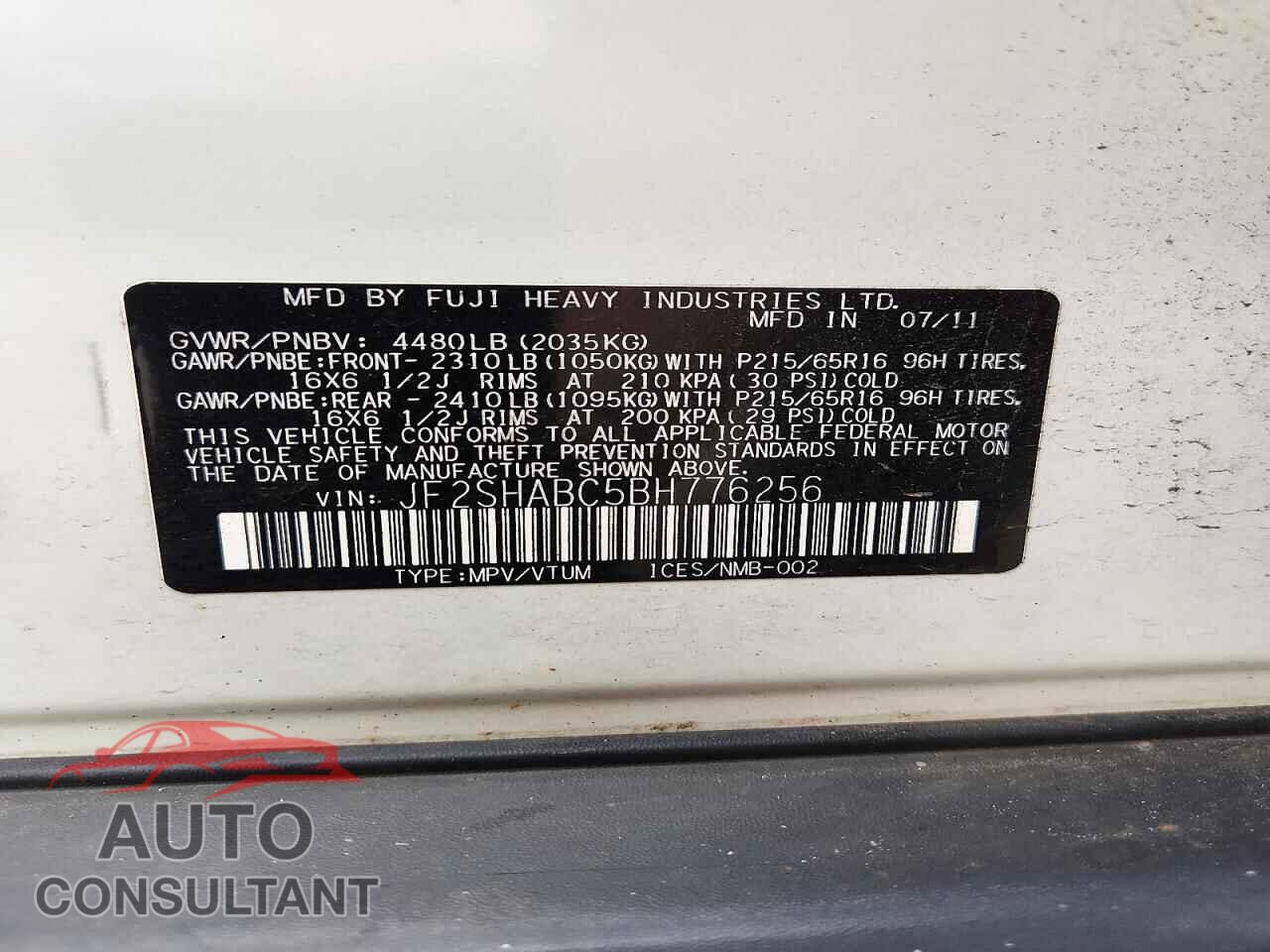 SUBARU FORESTER 2011 - JF2SHABC5BH776256