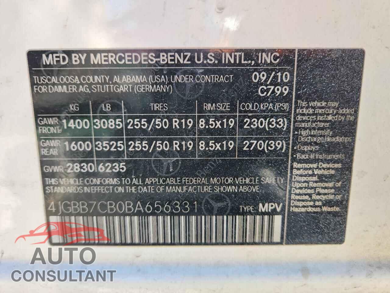 MERCEDES-BENZ M-CLASS 2011 - 4JGBB7CB0BA656331