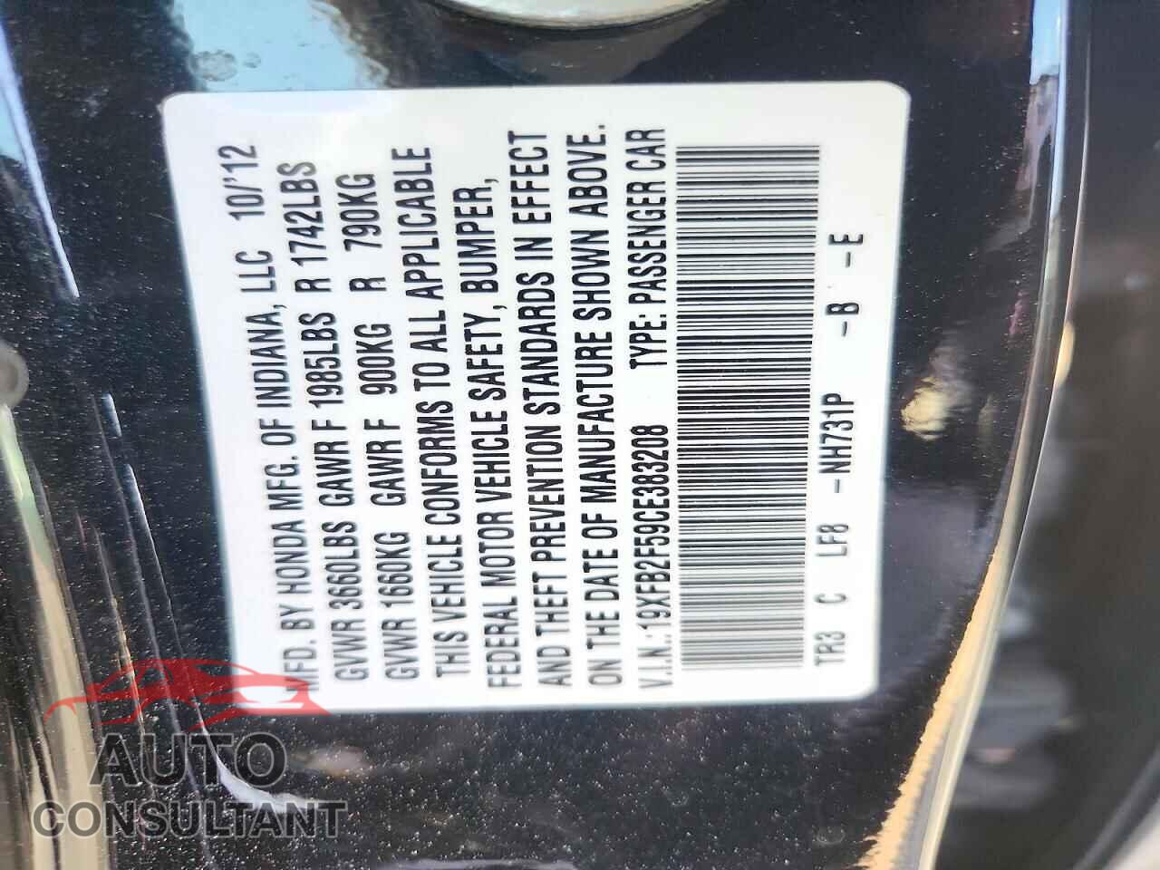 HONDA CIVIC 2012 - 19XFB2F59CE383208