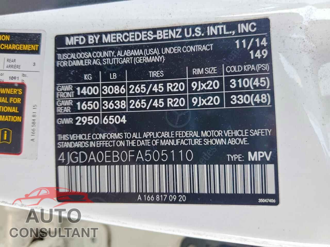 MERCEDES-BENZ M-CLASS 2015 - 4JGDA0EB0FA505110
