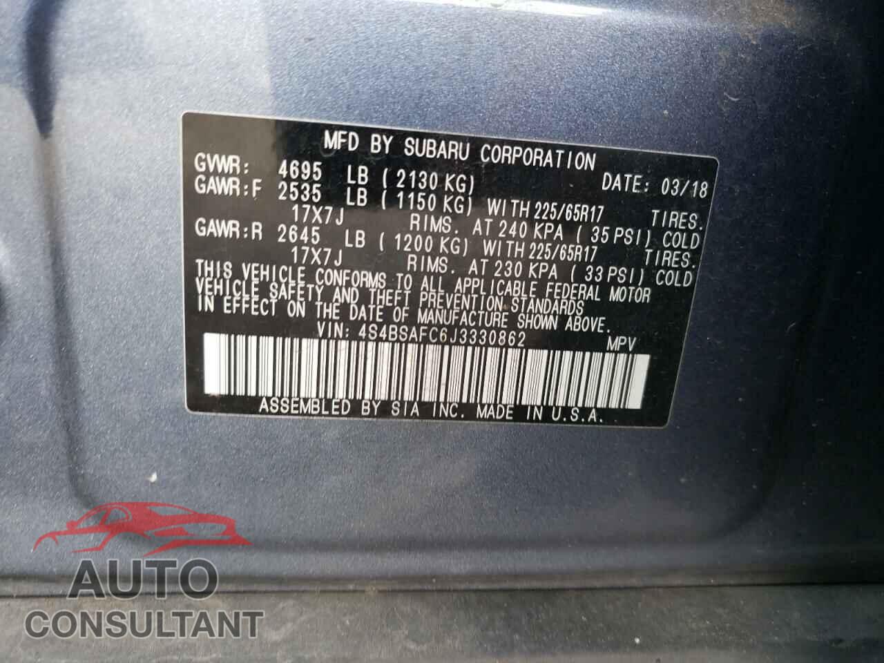 SUBARU OUTBACK 2018 - 4S4BSAFC6J3330862