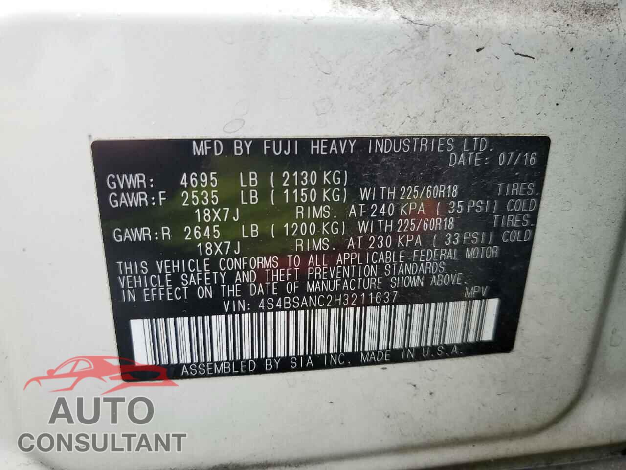 SUBARU OUTBACK 2017 - 4S4BSANC2H3211637