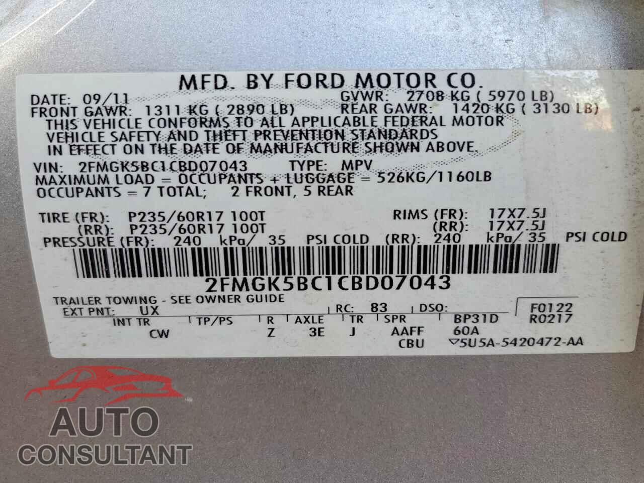 FORD FLEX 2012 - 2FMGK5BC1CBD07043