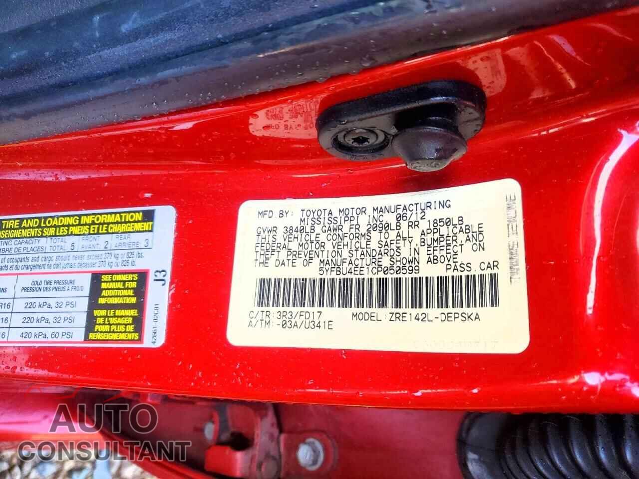 TOYOTA COROLLA 2012 - 5YFBU4EE1CP050599