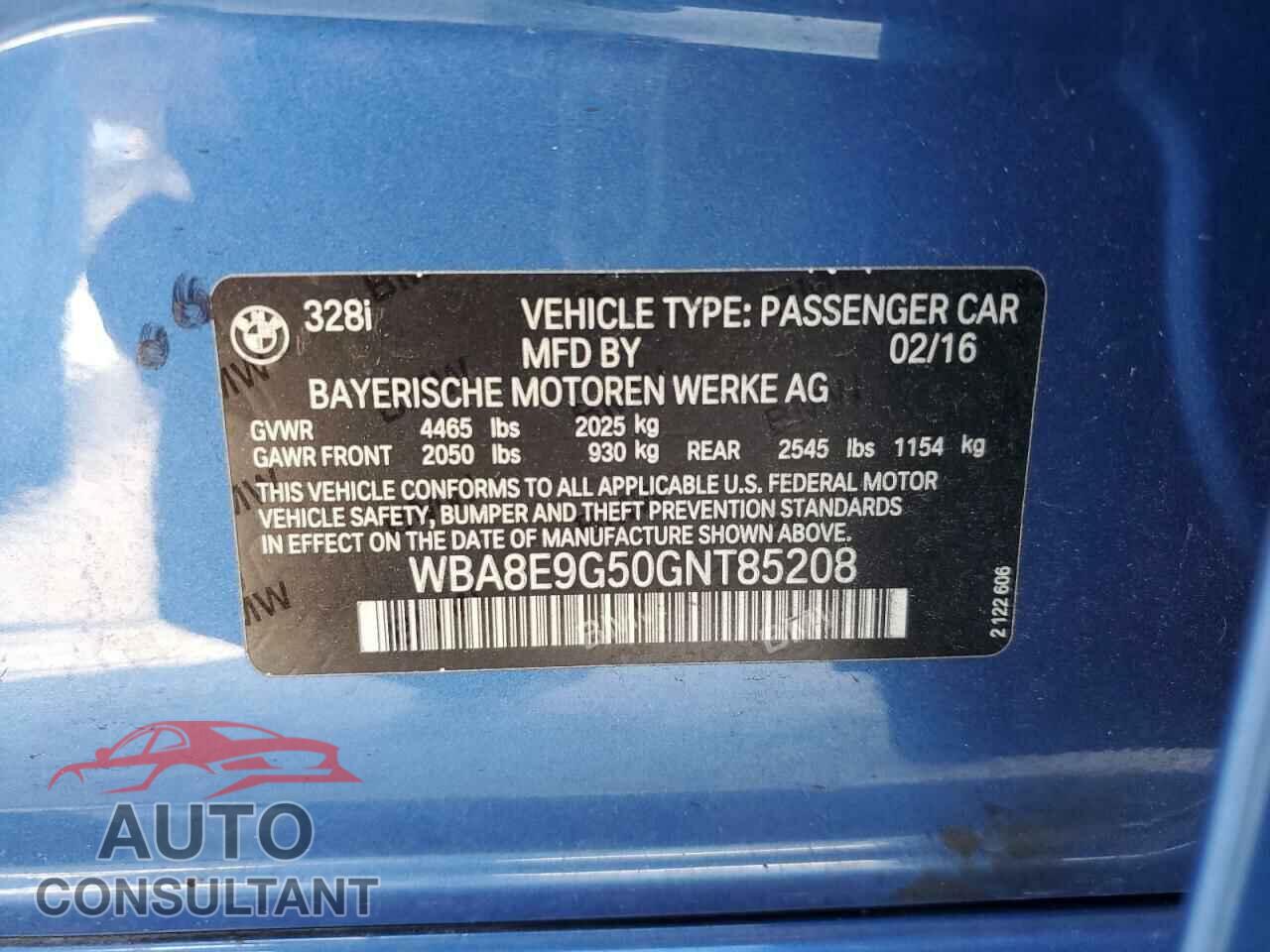 BMW 3 SERIES 2016 - WBA8E9G50GNT85208