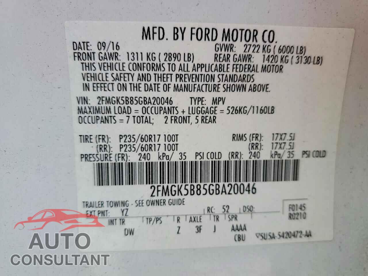 FORD FLEX 2016 - 2FMGK5B85GBA20046