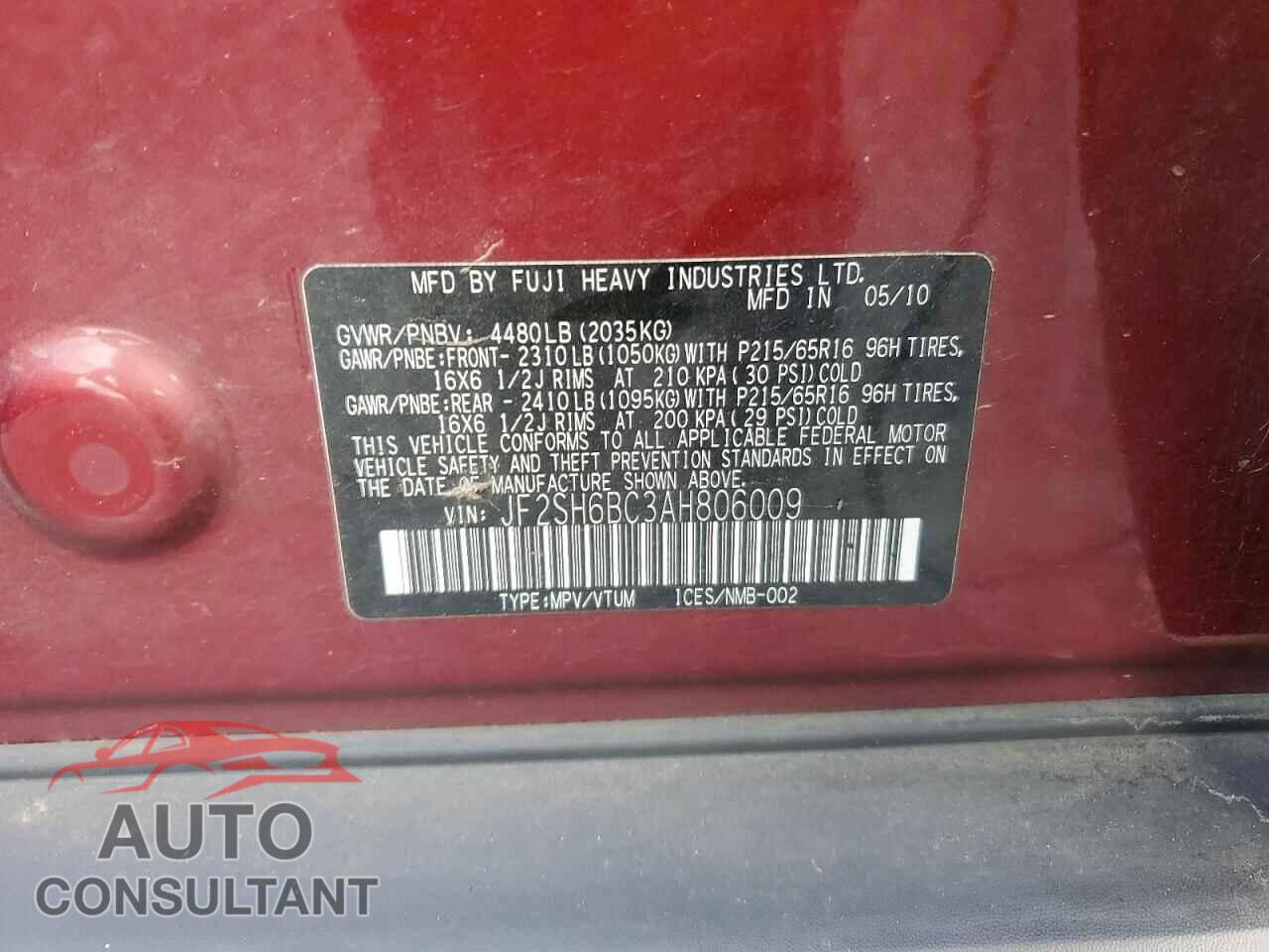 SUBARU FORESTER 2010 - JF2SH6BC3AH806009