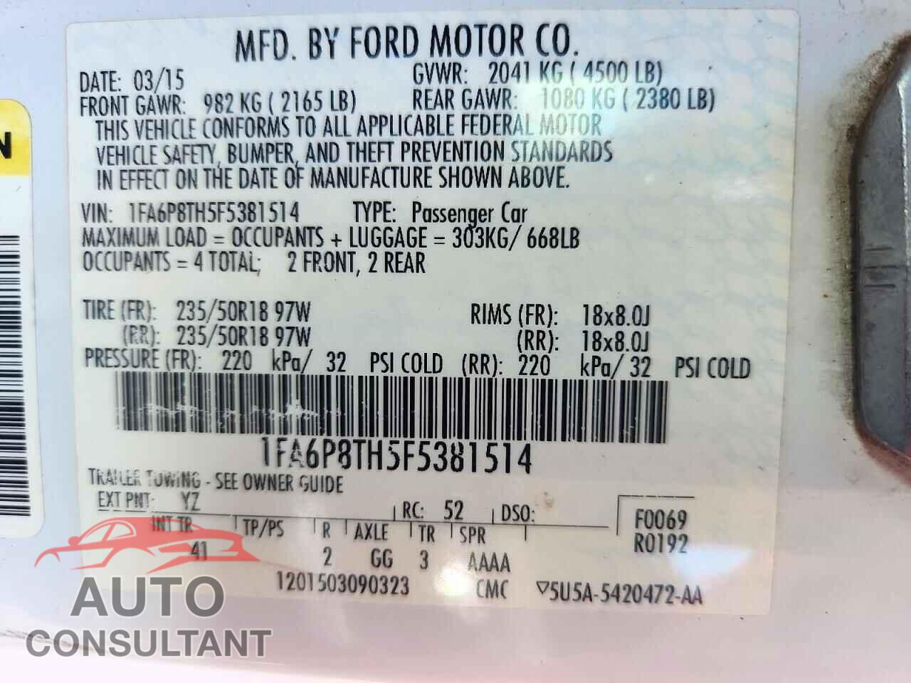 FORD MUSTANG 2015 - 1FA6P8TH5F5381514