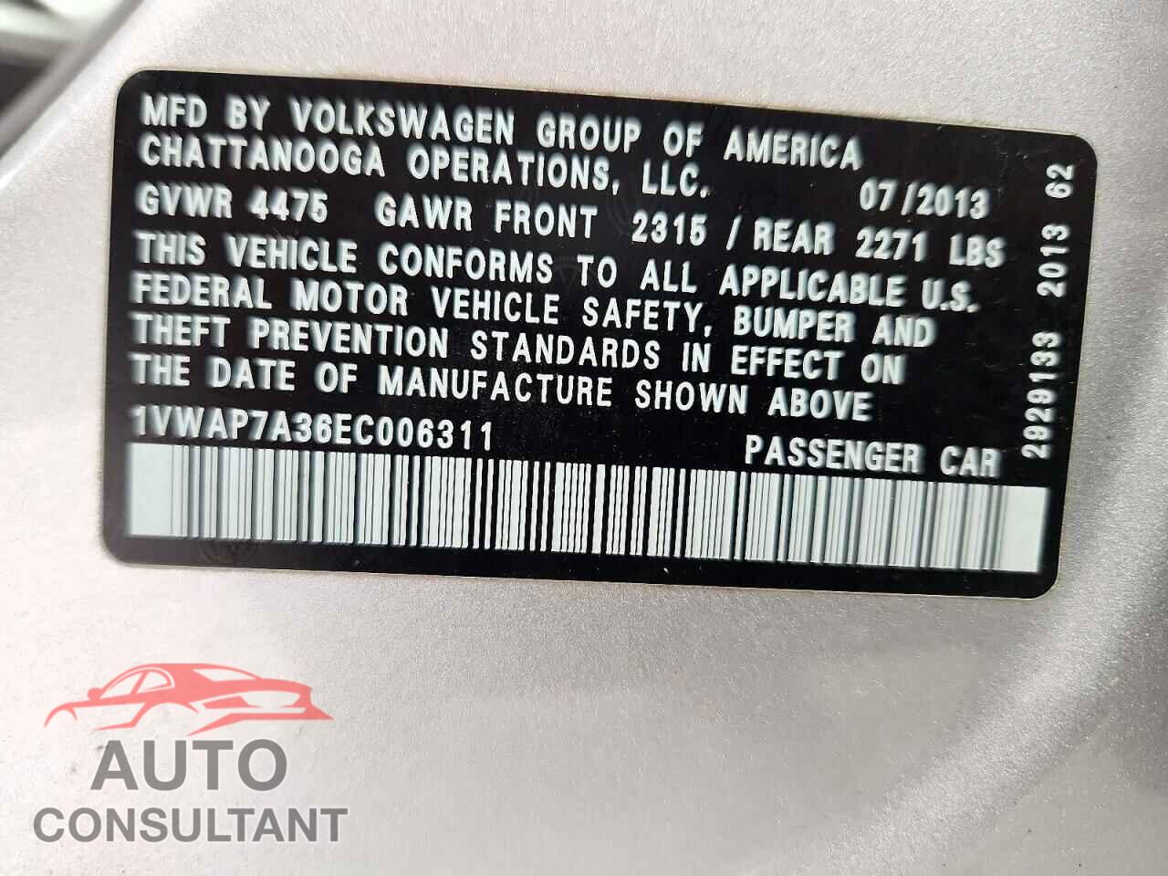 VOLKSWAGEN PASSAT 2014 - 1VWAP7A36EC006311