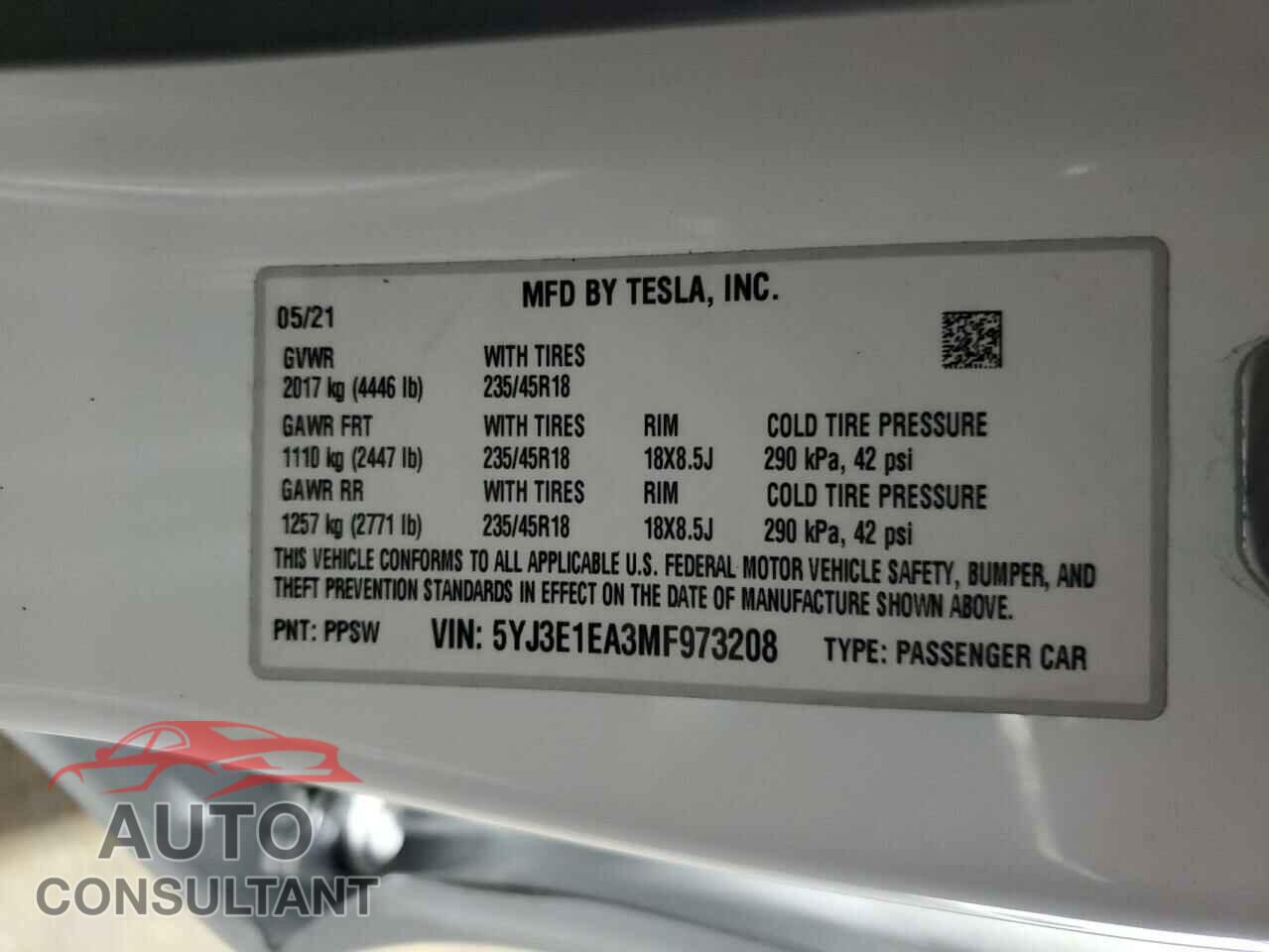 TESLA MODEL 3 2021 - 5YJ3E1EA3MF973208