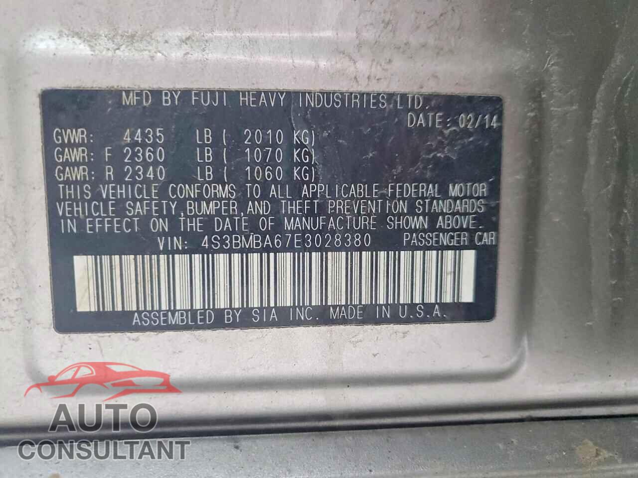 SUBARU LEGACY 2014 - 4S3BMBA67E3028380