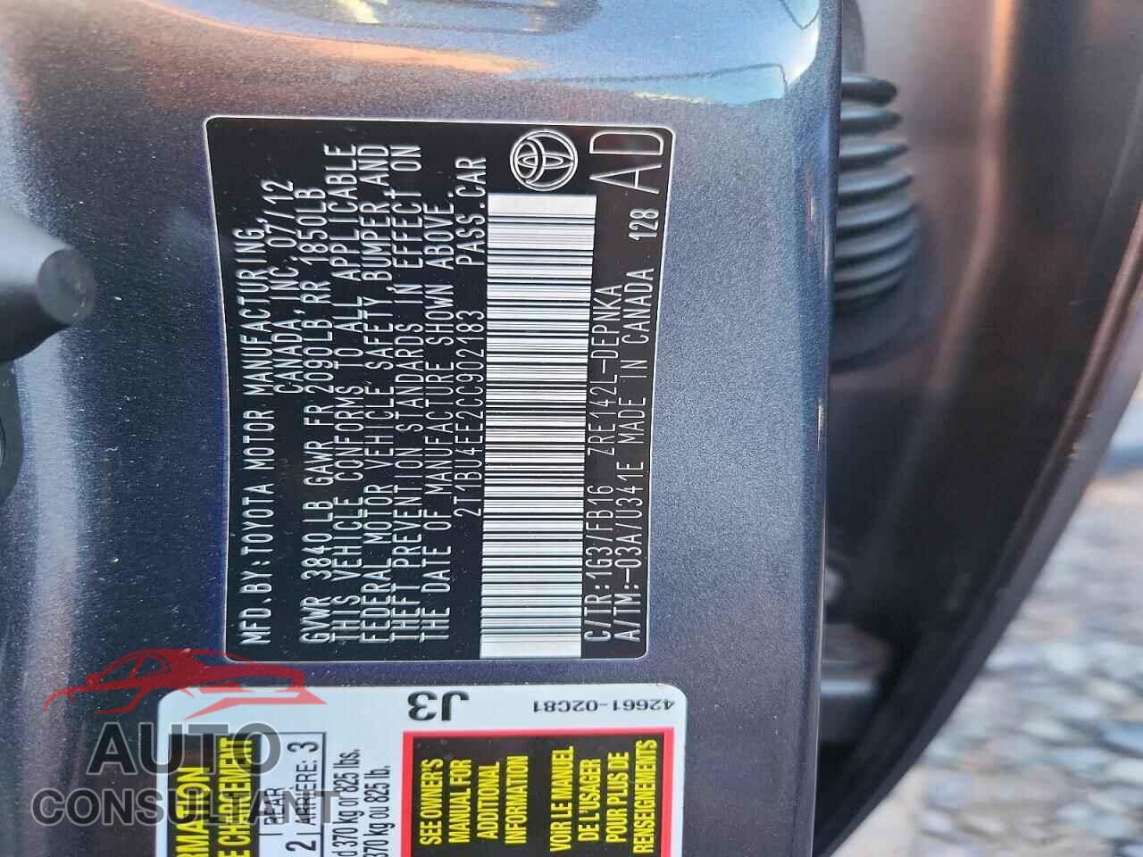 TOYOTA COROLLA 2012 - 2T1BU4EE2CC902183