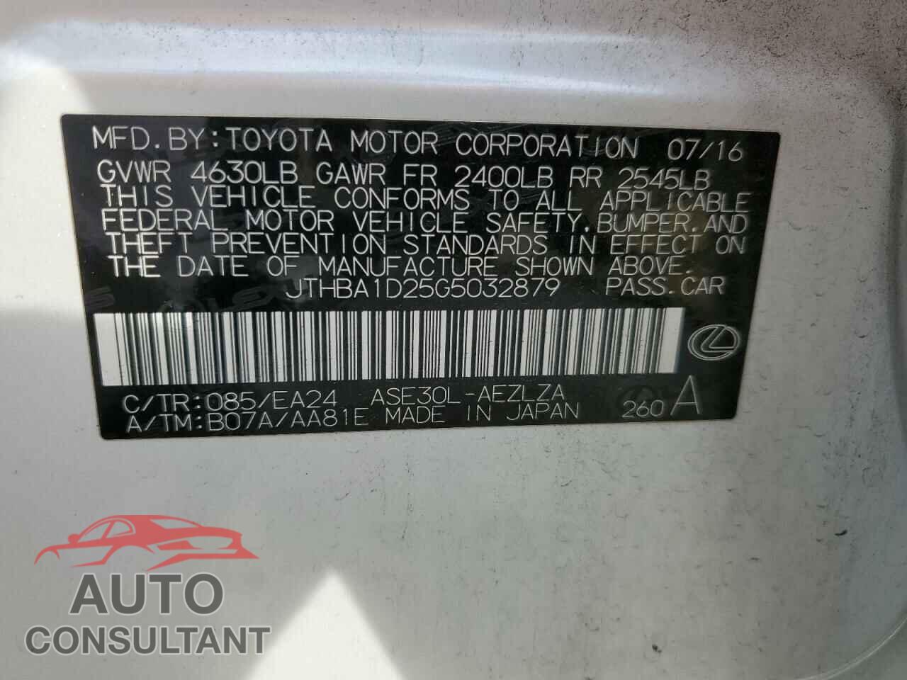 LEXUS IS 2016 - JTHBA1D25G5032879