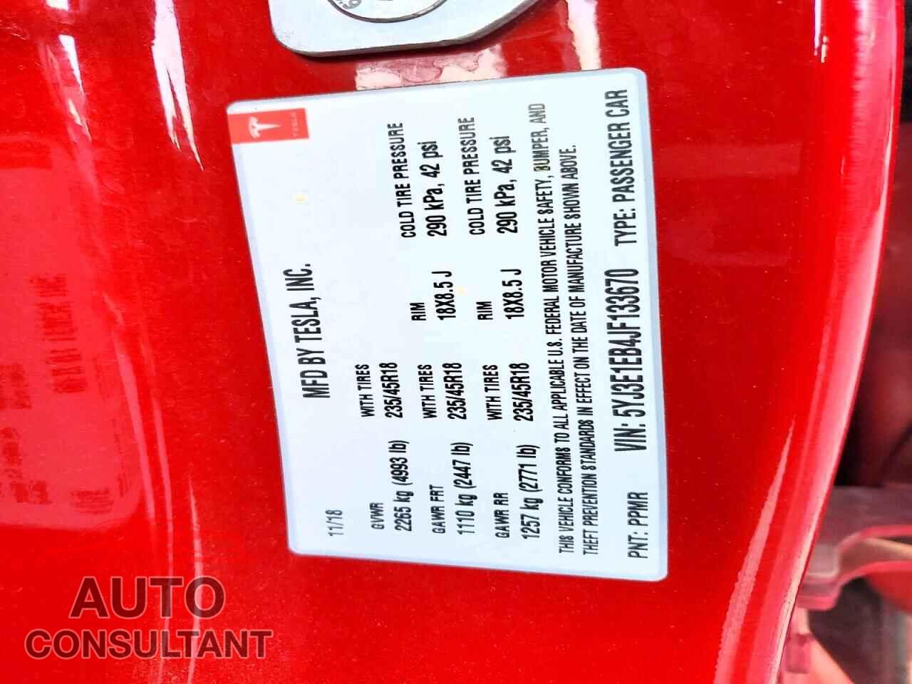 TESLA MODEL 3 2018 - 5YJ3E1EB4JF133670