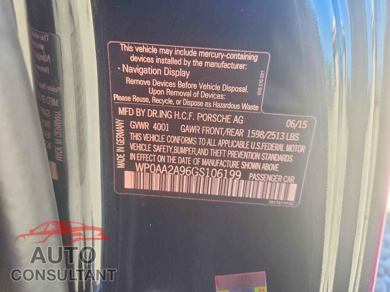 PORSCHE 911 2016 - WP0AA2A96GS106199
