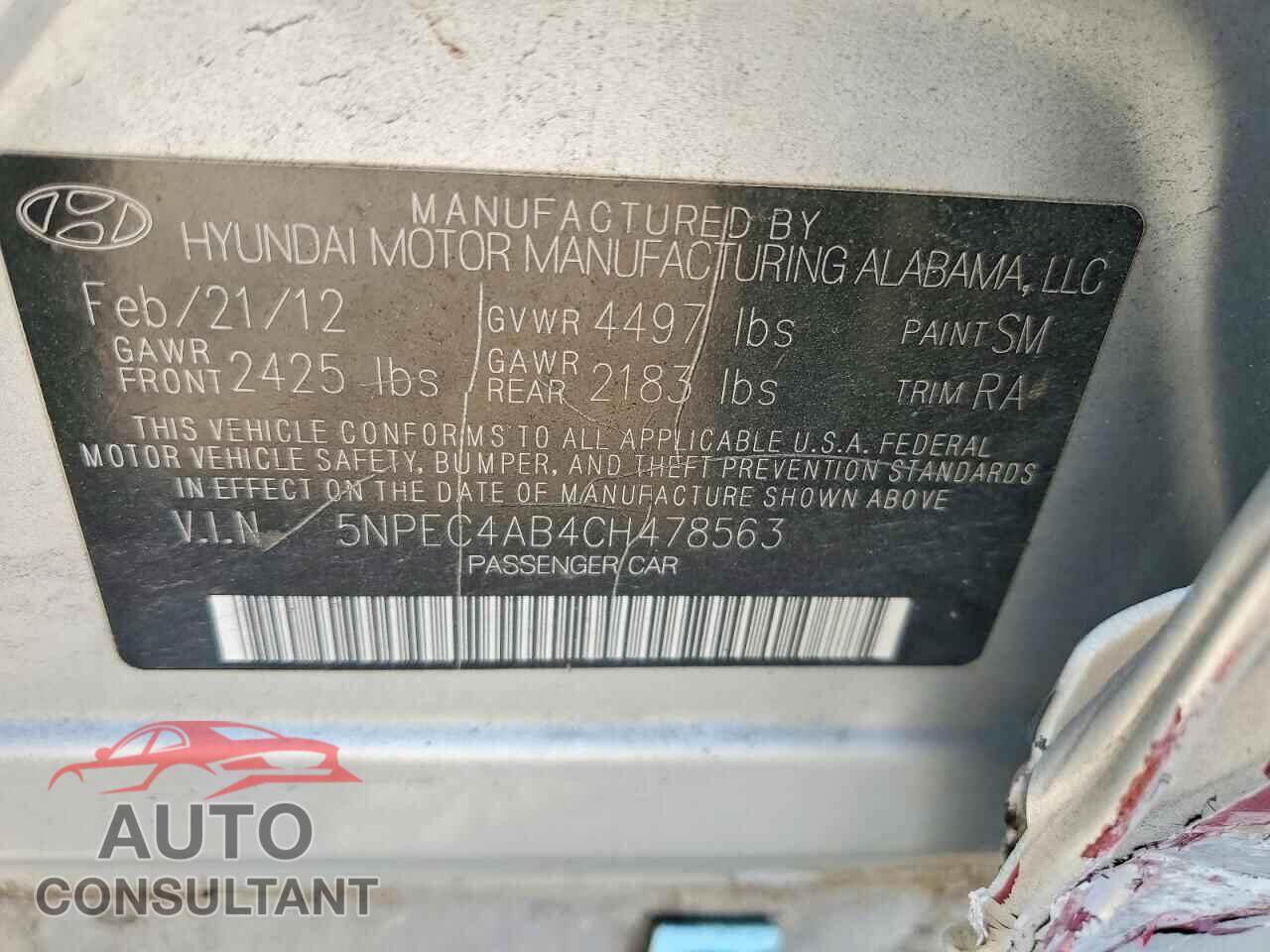 HYUNDAI SONATA 2012 - 5NPEC4AB4CH478563