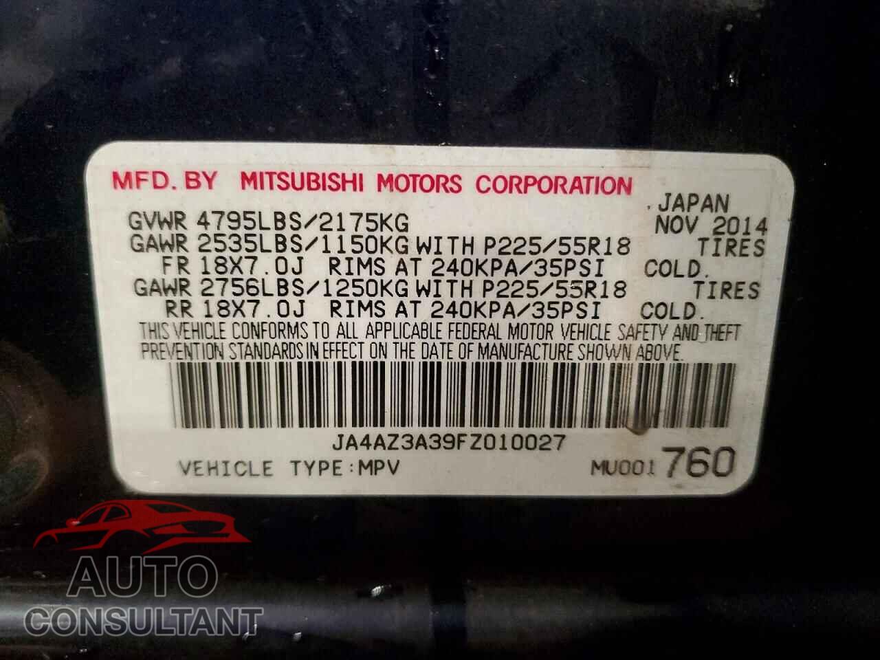 MITSUBISHI OUTLANDER 2015 - JA4AZ3A39FZ010027