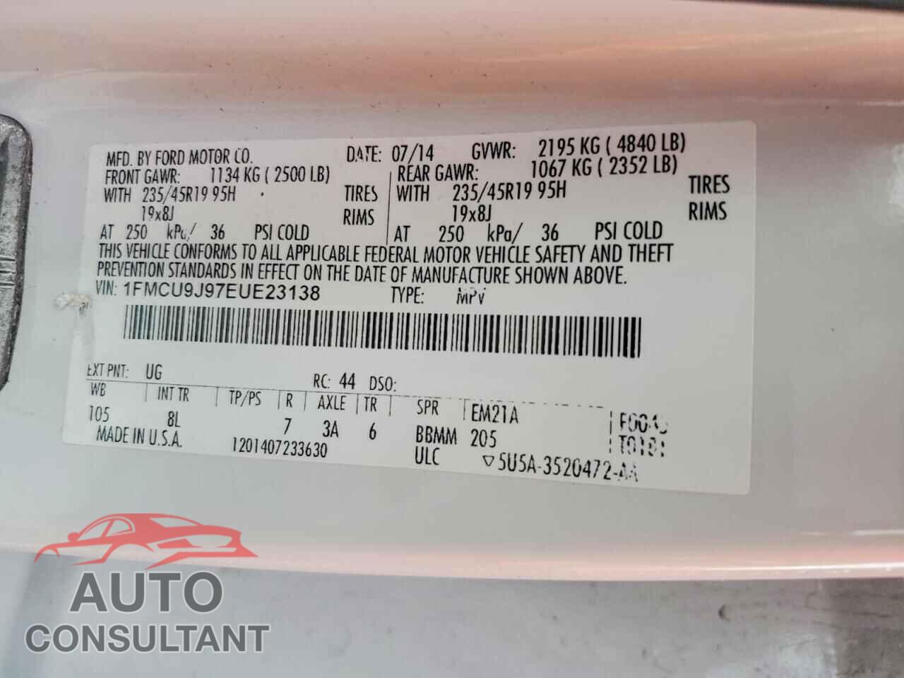 FORD ESCAPE 2014 - 1FMCU9J97EUE23138