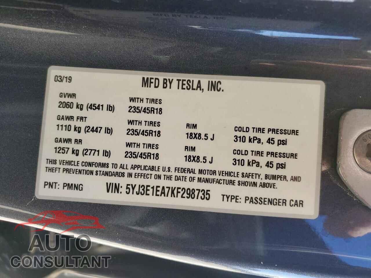 TESLA MODEL 3 2019 - 5YJ3E1EA7KF298735