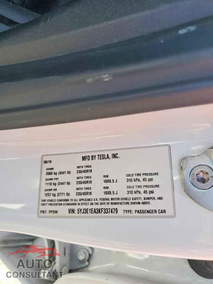 TESLA MODEL 3 2019 - 5YJ3E1EA3KF337479