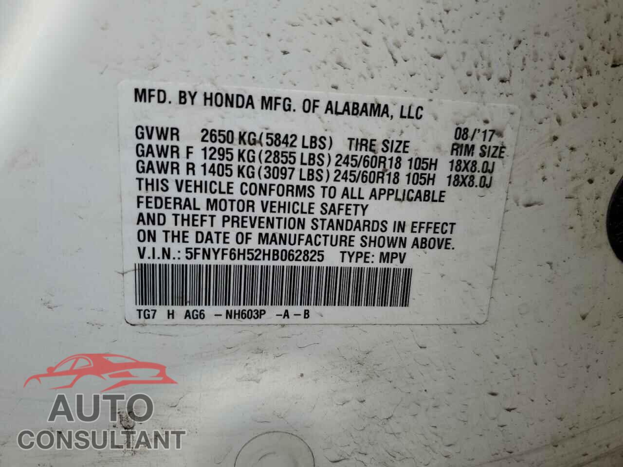 HONDA PILOT 2017 - 5FNYF6H52HB062825