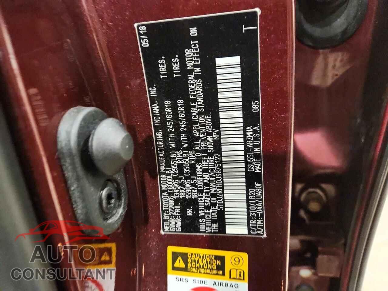 TOYOTA HIGHLANDER 2018 - 5TDJZRFH0JS875122