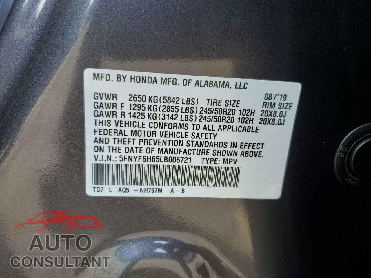 HONDA PILOT 2020 - 5FNYF6H65LB006721