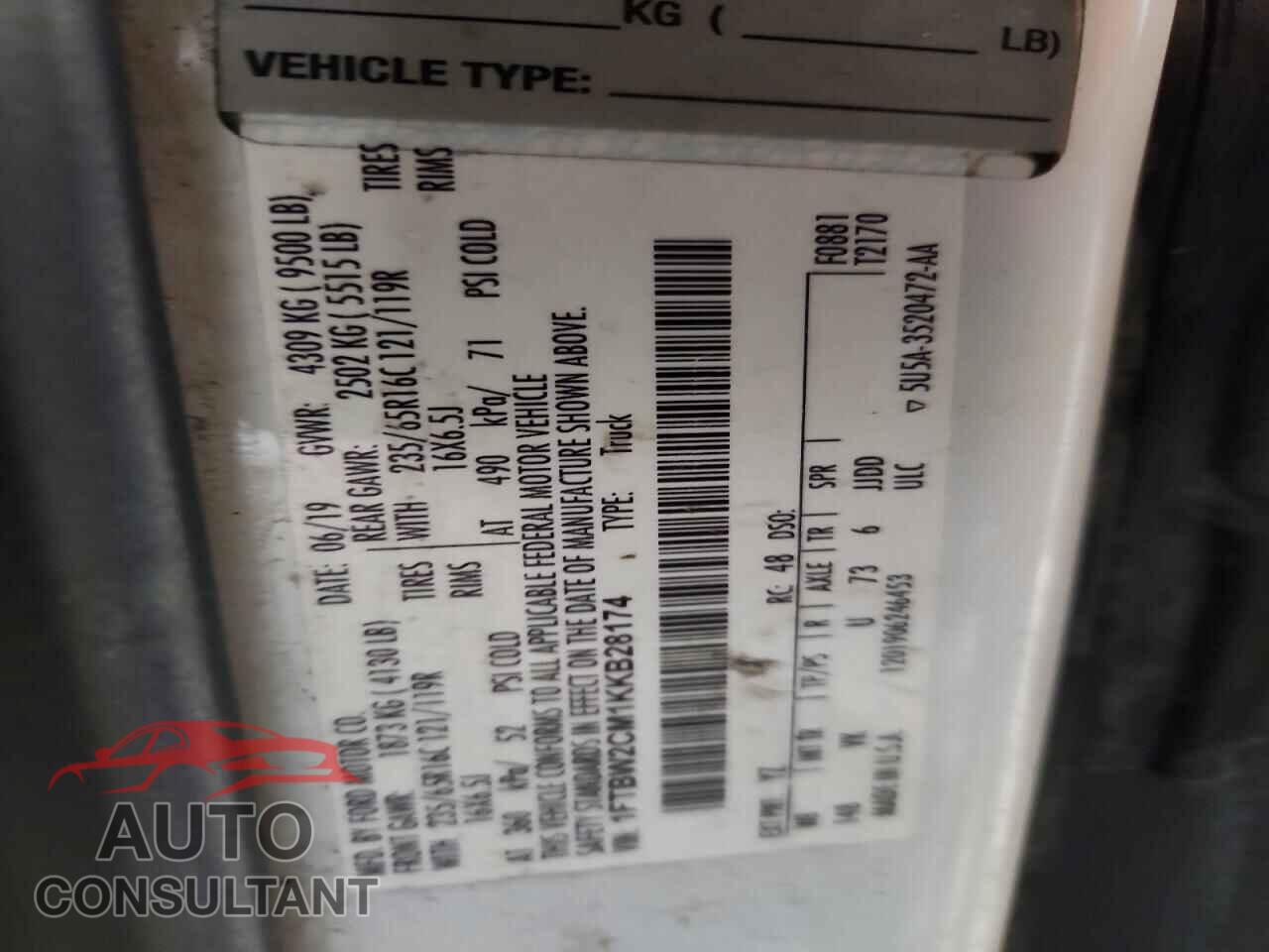 FORD TRANSIT 2019 - 1FTBW2CM1KKB28174