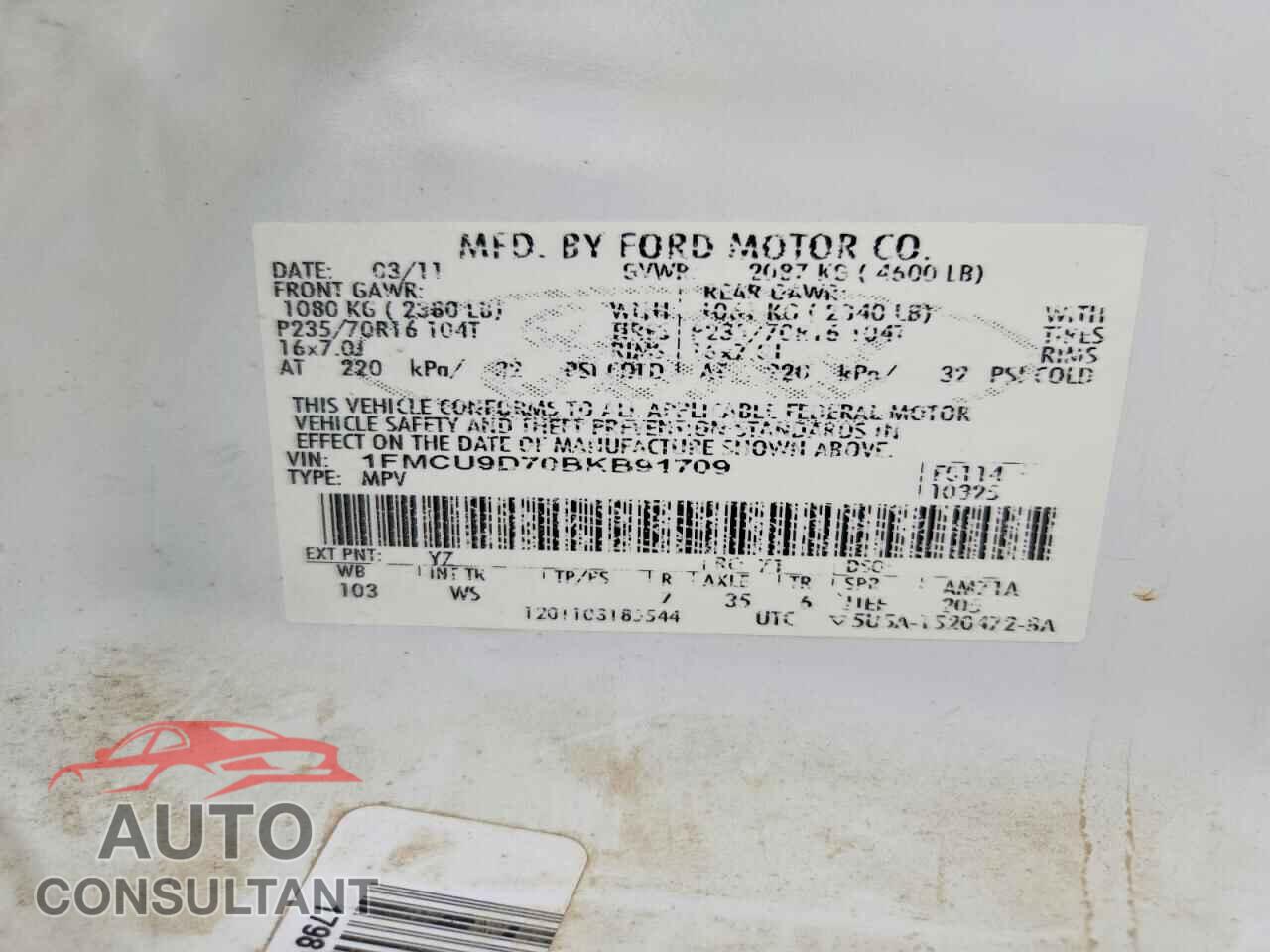 FORD ESCAPE 2011 - 1FMCU9D70BKB91709