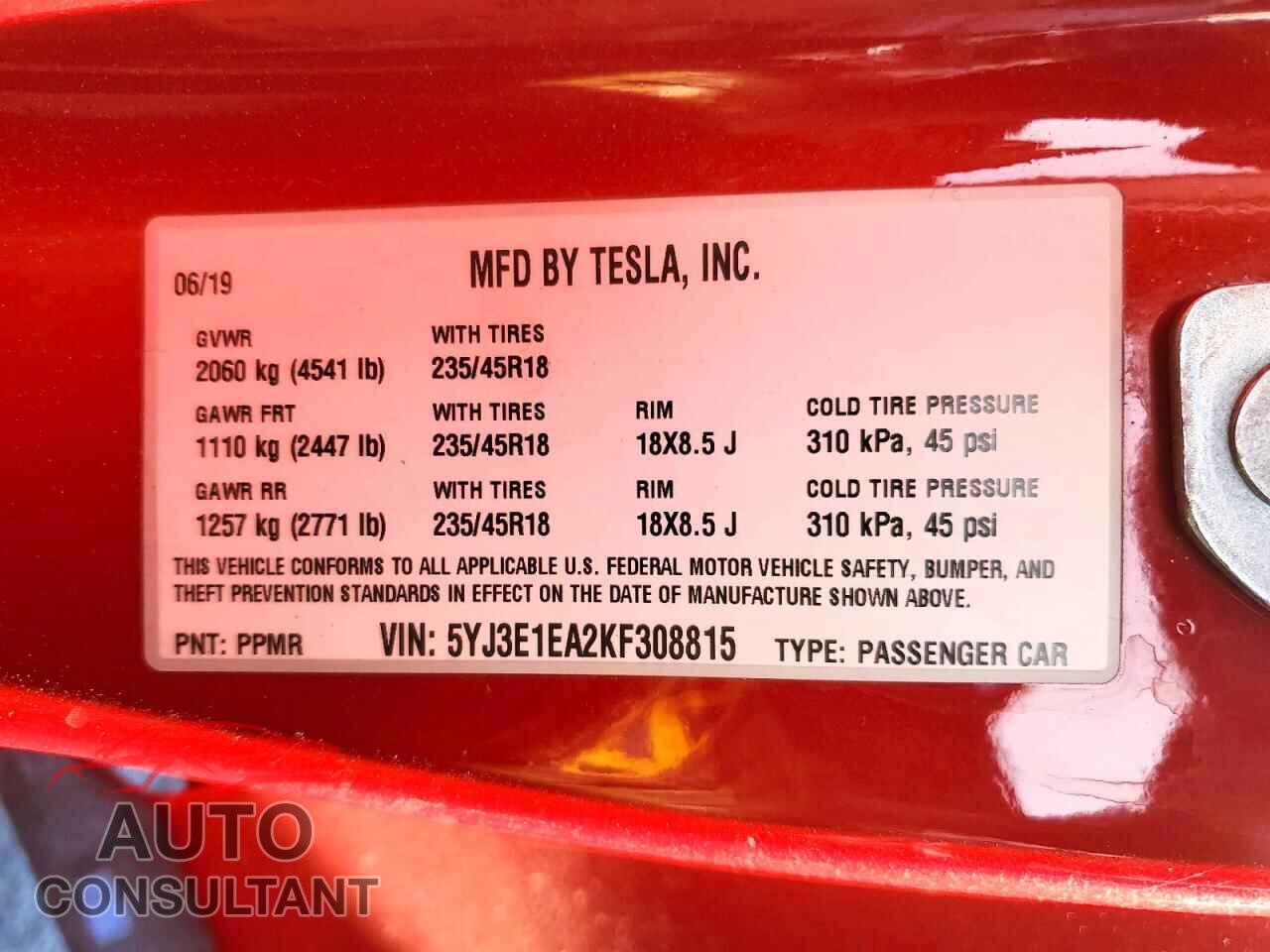 TESLA MODEL 3 2019 - 5YJ3E1EA2KF308815