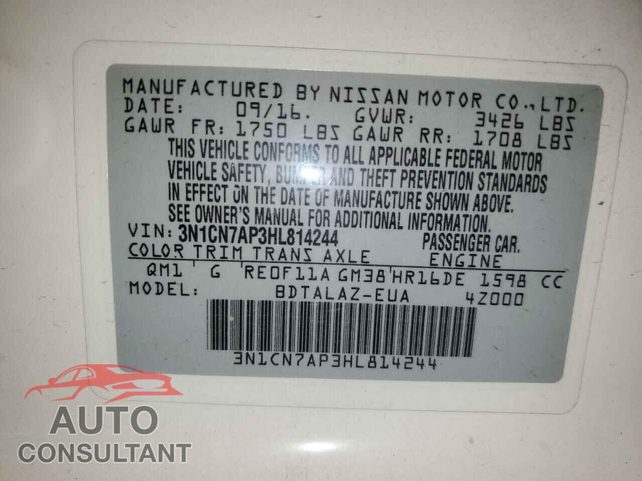 NISSAN VERSA 2017 - 3N1CN7AP3HL814244