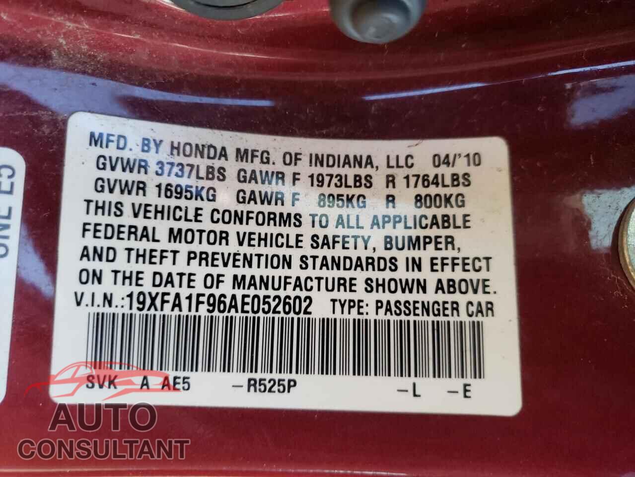 HONDA CIVIC 2010 - 19XFA1F96AE052602